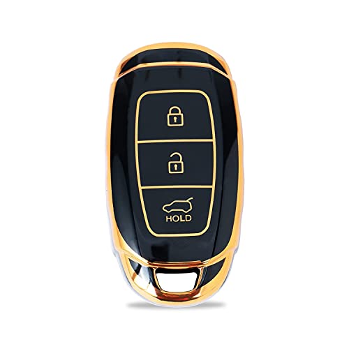 Image of JVCV Gold Border TPU Key Cover Compatible with Hyundai Verna Push Button Start Car Key - Glossy Protective Smart Key Case (Black)