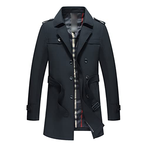 Maiyifu-GJ Men's Casual Double Breasted Trench Coat Casual Slim Windbreaker Jacket Winter Stylish Long Overcoat with Belt (Dark Blue,Medium)