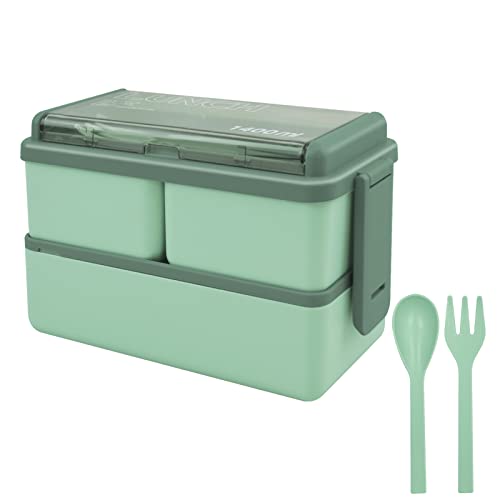 Bento Lunch Box Stackable,1400ml Bento Box Lunch Containers with 3 Removable Compartments and Cutlery, Leak Proof 2 Layer Bento Boxes, for Adults Kids Office Microwave Dishwasher Safe Available(Green）