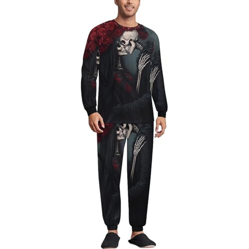 Gothic Death Skul Skeleton Kiss Men’s Pajama Set Long Sleeve Top And Pants Loungewear Sleepwear Pjs Nightwear