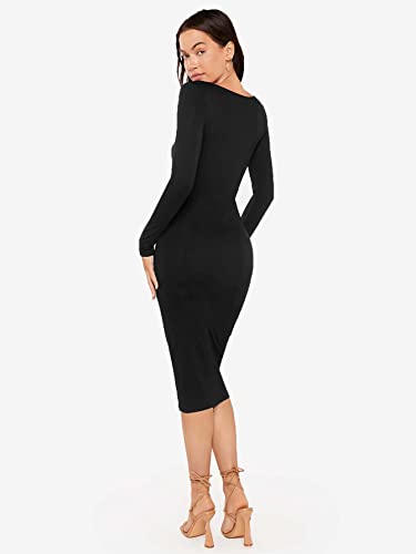 Verdusa Vestido feminino midi colado ao corpo com gola quadrada e manga comprida, Preto, G