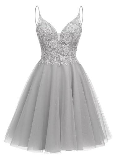 Sparkly Tulle Homecoming Dresses Short Lace Prom Dresses for Teens V Neck Beaded Cocktail Dresses