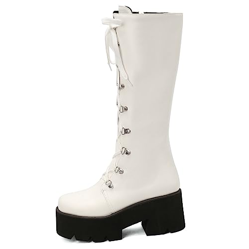 Image of Parisuit Women's Knee High Goth Platform Boots Lace Up Combat Boots | Chunky High Heel, Buckle Boots, Punk Chain Boots