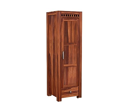 Image of Sheesham Wood Wooden Single Door Wardrobe Organizer for Clothes | - Solid Wood Almirah with 1 Drawers, 4 Shelves - Cupboard for Large Bedroom (Design 4)