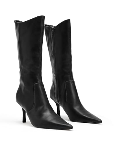 Coutgo Womens Mid Calf Boots Pointed Toe High Heel Long