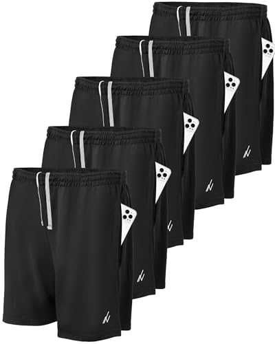 NY Threads 5 Pack Men's Athletic Shorts Quick Dry Loose-Fit Lightweight Running Workout Gym Shorts with Pockets, Medium, 5 Black