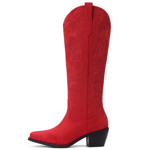 Image of Pasuot Western Cowboy Boots for Women - Knee High Wide Calf Cowgirl Boots, Slip On Pointed Toe Chunky Heel Fashion Retro Classic Pull On Tall Boot for ladies Party concert Matte Red US 8