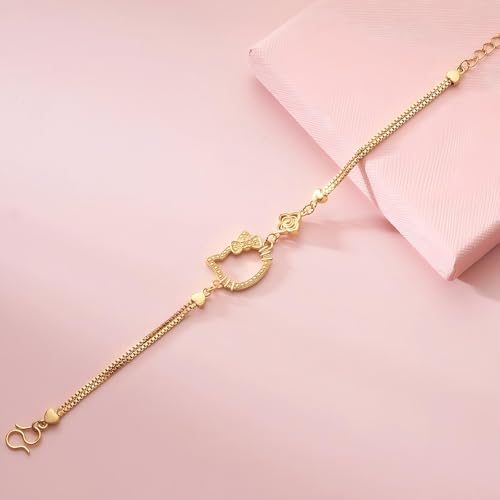 Cute Gold-Plated Necklace Bracelet Set, Cat Bow Pendant with Simulated Diamonds and Pearls, Adjustable Chain for Women,Kawaii Gift Jewelry (Gold)4