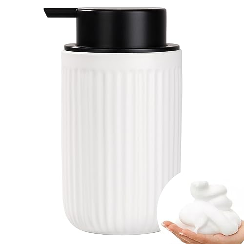 Image of BosilunLife Foam Hand Soap Dispenser - White Ceramic Foaming Soap Dispenser for Bathroom 12oz Refillable Liquid Lotion Soap Dispenser with Rust-Proof foaming Pump for Countertop