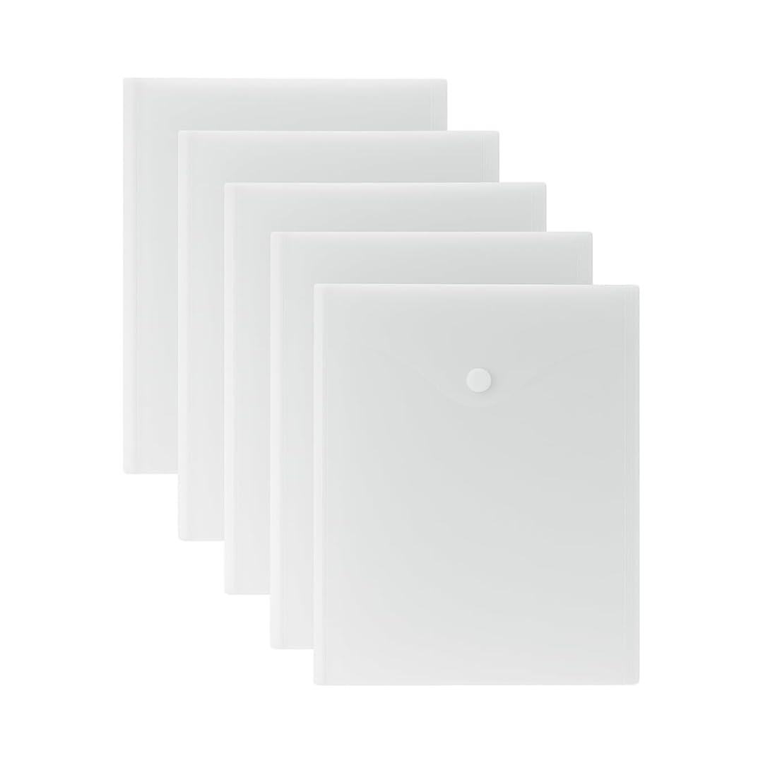 1ABOVE A5 Clear Popper Wallets – Pack of 5 Plastic Document Folders with Snap Closure, Transparent Filing Wallets for Office, School & Home Organization