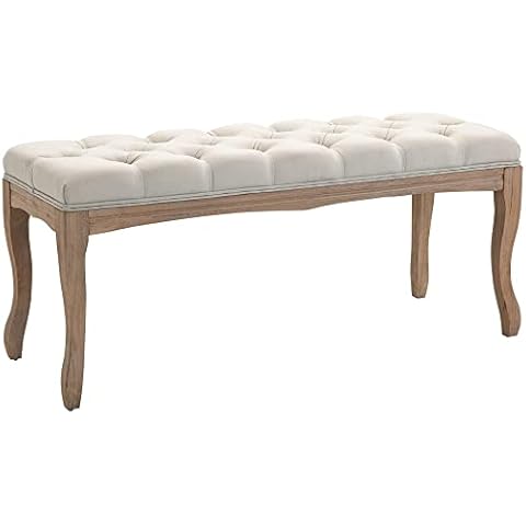 HOMCOM Polsterbank Sitzbank Truhenbank Schuhbank Pianobank Klavierbank Vintage Bettbank Schlafzimmer Wohnzimmer Flur Gummiholz Leinen Beige 110 x 40 x 48 cm Cover