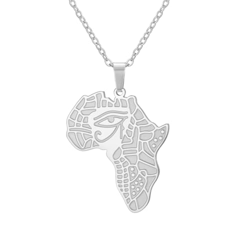 UNIFT Collar con diseño de mapa de África y ojo de Horus para mujeres y hombres, de acero inoxidable, diseño de mapa de África con símbolos egipcios, collares con colgante étnico para orejas, talla