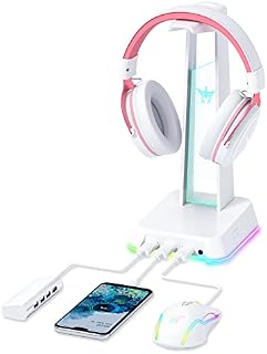 PHNIXGAM RGB Headphone Stand with 3.5mm AUX and 3 Port USB 2.0 Hub, Universal Gaming Headset Hanger Holder for Computer Gaming Gamer Accessories (White)