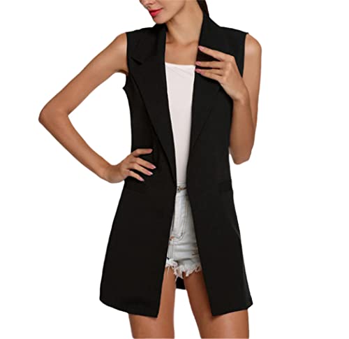 Chaleco negro de mujer largo con solapa y bolsillos talla M