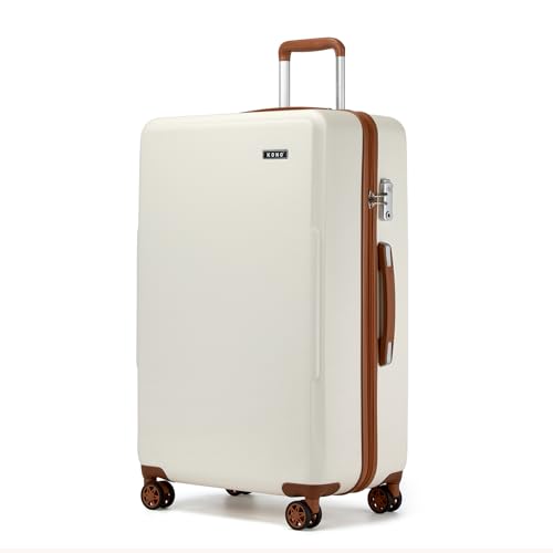 Kono 28 Large Suitcase Lightweight Check-in Luggage PC+ABS Hard Shell Travel Bag with Double Spinner Wheels TSA Security Lock (Cream/Brown)