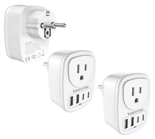 VooLerTun Type E F Travel Adapter, European Travel Plug Adapter with USB Outlet Charger 2 Pack, US Outlet Adapter Power Converter for EU German International Cruise Travel Essential