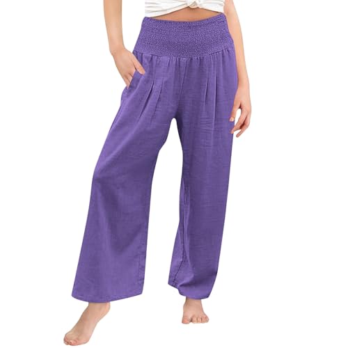 Girls Baggy Cotton Linen Pants Elastic High Waist Wide Leg Flowy Lightweight Palazzo Trousers with Pockets for Teen
