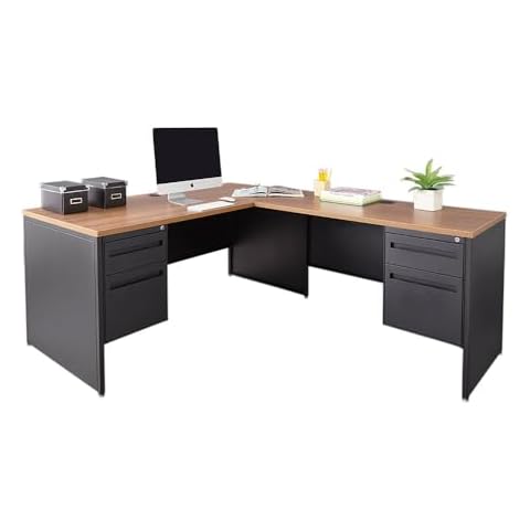 nbf signature series Reversible L Shaped Desk 66" W x 78" D - Ergonomic Computer Desk with Planed Teak Laminate Top and Black Painted Steel Base for Office or Corner Working Cover