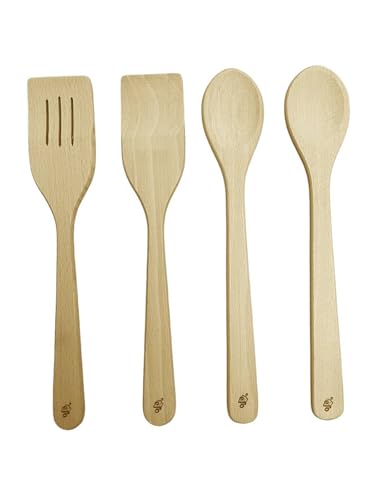 EFO Juego de 4 espátulas de madera | Juego de utensilios hechos de madera de haya natural | Utensilios de cocina de madera para sartenes, woks y ollas | Cucharas para cocinar | Ideal para revolver