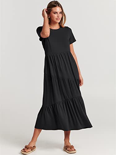 ANRABESS Women Summer Maxi Dress Short Sleeve Swing Casual Asymmetric Tiered Vacation Long Beach Sundress Outfits4