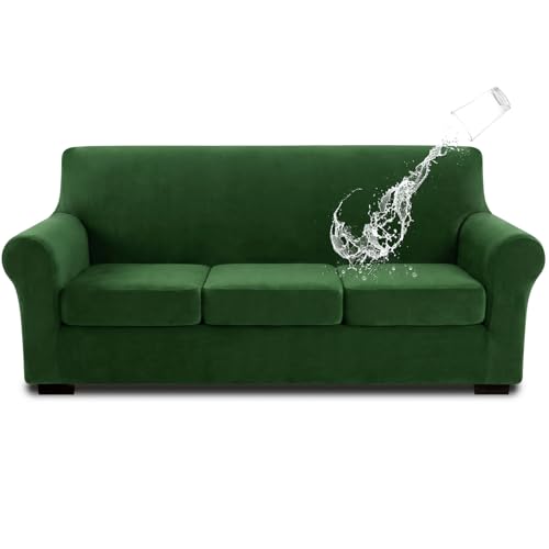 NICEEC Spandex Stretch 4 Pieces Sofa Covers Water Repellent Couch Covers for 3 Cushion Couch Sofa Pet Friendly Soft Sofa Slipcovers for Living Room Easy Fit Furniture Protector Washable(Green)