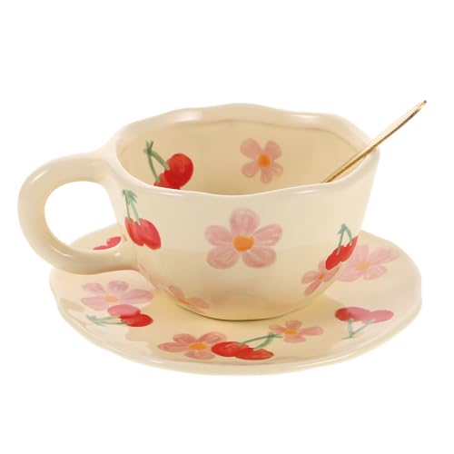 Juego de taza de café de cerámica rosa con platillo y cuchara FOMIYES para oficina 2