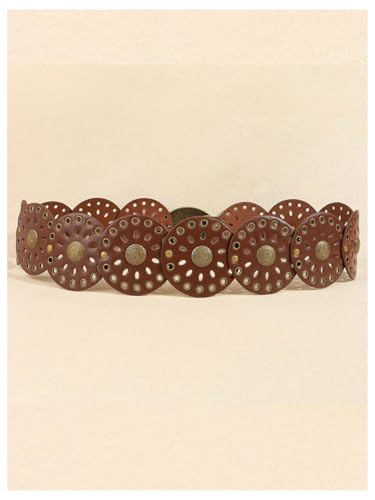 Image of RoseSeek Women's Cowgirl Boho Western Oval Waist Belt Hollow Out Studded Retro Belts Fashion Accessory Light Brown 80