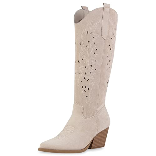 VAN HILL Damen Stiefel Cowboystiefel Schuhe Stickereien Western Boots...