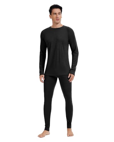 woolcano Men's 100% Merino Wool Base Layer Sets Lightweight Active Base Layer for Ski Black Small