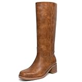 HEIFIN Brown Platform Knee High Boots for Women Square Toe Chunky Block Heel Long Boots Wide Calf Riding Boots Pull on Campus Boots for Women