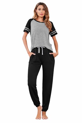 Image of Ekouaer Lounge Sets for Women Two Piece Pajama Set Short Sleeve Crewneck Jogger Outfits and Sweatpants Tracksuit