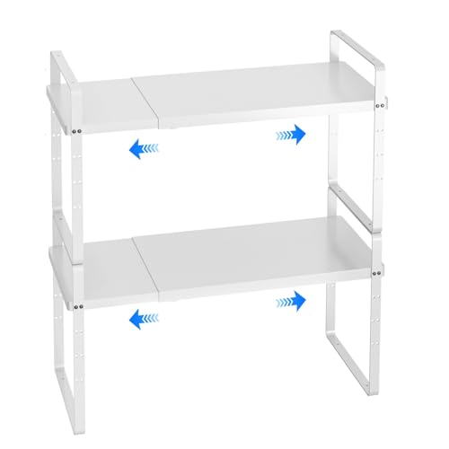 KIKIBRO Expandable Cabinet Shelf Organizer, Stackable Kitchen Pantry Counter Storage, Adjustable Closet Cupboard Stand Rack Risers Spice Organization 80LBS Heavy Duty White 2 Pack by KIKIBRO - Used condition - US$37.76