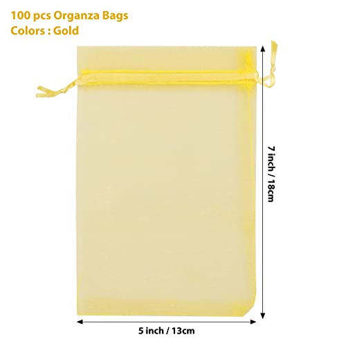 Image of ANZNKU 100 Pack Gold Organza Bags 5 x 7 Inch, Premium Small Mesh Bags With Drawstring, Sheer Mesh Gift Packaging Bag for Easter Party Wedding Favors