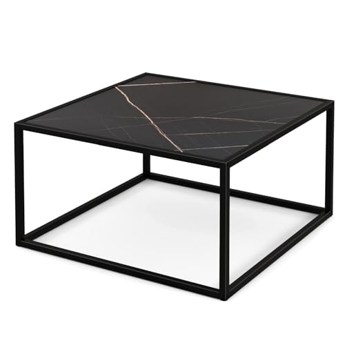 LIFEZEAL Mesa de Salón, Mesa Baja Cuadrada, Patas de Acero, con Efecto Mármol, MAX 45kg, para Salón, Fácil Montaje, Estable, Robusta, 70x70x40 cm (Negro)