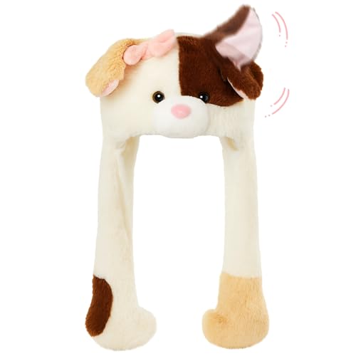 Deletoys Animal Plush Hat with Moving Jumping Ears Pop Up Beating Hat Plush Cosplay Dress Up Funny Gift for Kids Adult, Cute Cat