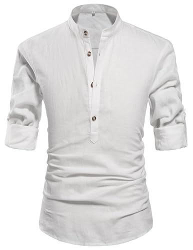 QUEZHU Leinenhemd Herren Langarm Henley Hemd Herren Baumwolle Sommerhemd Freizeithemd Strandhemd Casual Regular Fit Weiß XXL