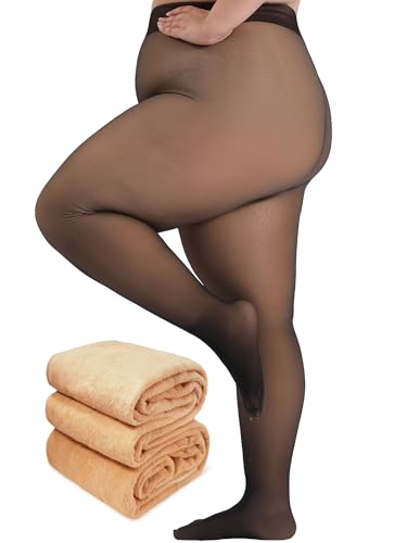Amzshe Plus Size Fleece Lined Tights for Women Fake Translucent Warm Winter Leggings Control Top Thermal Tights