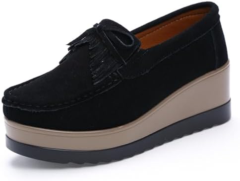 Lefu Women's Tassel Suede Wedge Shoes with Arch Support, Wide Low Cut Casual Shoes