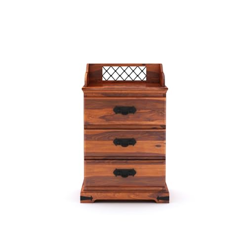 Image of Solid Sheesham Wood Bedside Table with 3 Drawer Storage End Table Sofa Side Table for Living Room Home and Office (Honey Finish)