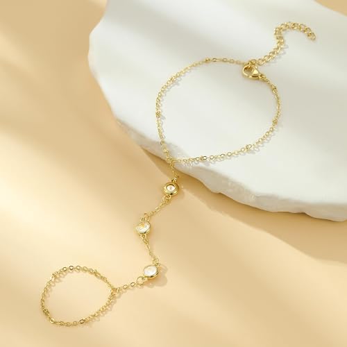 Image of Long tiantian Hand Chain Bracelet Gold Link Finger Ring Slave Bracelet