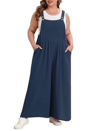 Lastshe - Lastshe Plus Size Jumpsuit for Women – Casual Wide Leg Overalls with Adjustable Fit, Pockets – Navy Blue, Size 2X - Best Deal on Amazon
