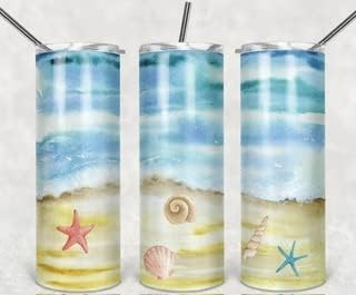 Miniatura 2 de Beach tumbler Watercolor Beach Scene 20 oz Skinny Tumbler custom drinkware - with straw - water bottle-coffee mug stainless steel