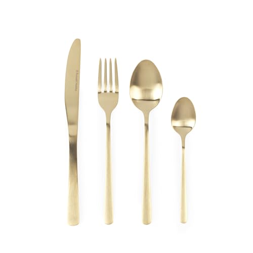 Russell Hobbs Vienna 16 Piece Cutlery Set – 18/0 Stainless Steel Silverware, Service for 4, Forks, Knives, Tablespoons and Teaspoons, Dishwasher Safe Flatware, Gold Satin Finish