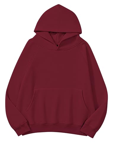 Lauweion Women Solid Basic Fleece Letter Loose Hoodie Sweatshirt Long Sleeve Kangaroo Pocket Drop Shoulder Pullovers Top Burgundy