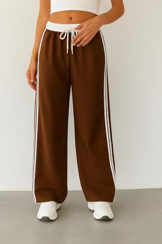 Image of SAKHWALA Women Track Pant | Women's Wide Leg Track Pants High Waist Drawstring Sweatpants with Side Stripes, Casual Loose Fit Lounge Joggers, White