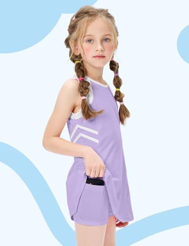 Girls Tennis Dress with Shorts, Sleeveless Girls Athletic Golf Outfit Dresses, Cute Workout Sports Skorts Set, 5-14Y3