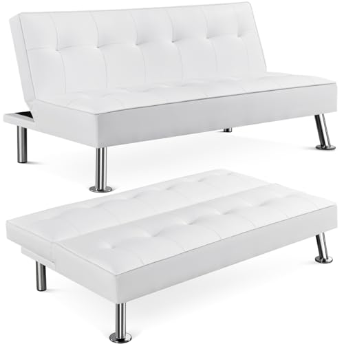 Yaheetech Sofá Cama de 3 Plazas Cama Plegable Tapizada de Piel Sintética Sofá Cama de 166.5 X94 cm Cama Doble Pata Metal Capacidad 350 KG Sofa Blanco