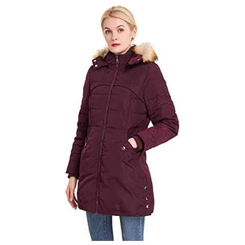 Polydeer Women's Classic Winter Jacket Soft Thickened Vegan Down Coat Warm Puffer Parka w/Faux Fur Hood (Bordeaux,L) Cover