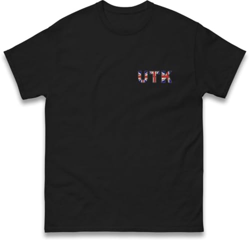 Image of Embroidered UK Flag UTK Logo Patch T Shirt, United Kingdom Flag Badge with UTK Text Tee, Unisex Casual Workwear Top Black