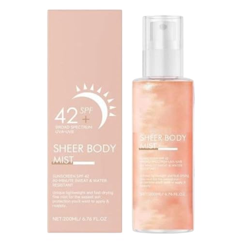 Sun Glaze Sheer Body MistSpreen SPF 42, Spray de protector solar brillo, 200 ml para el uso facial sensible de la piel debajo del maquillaje
